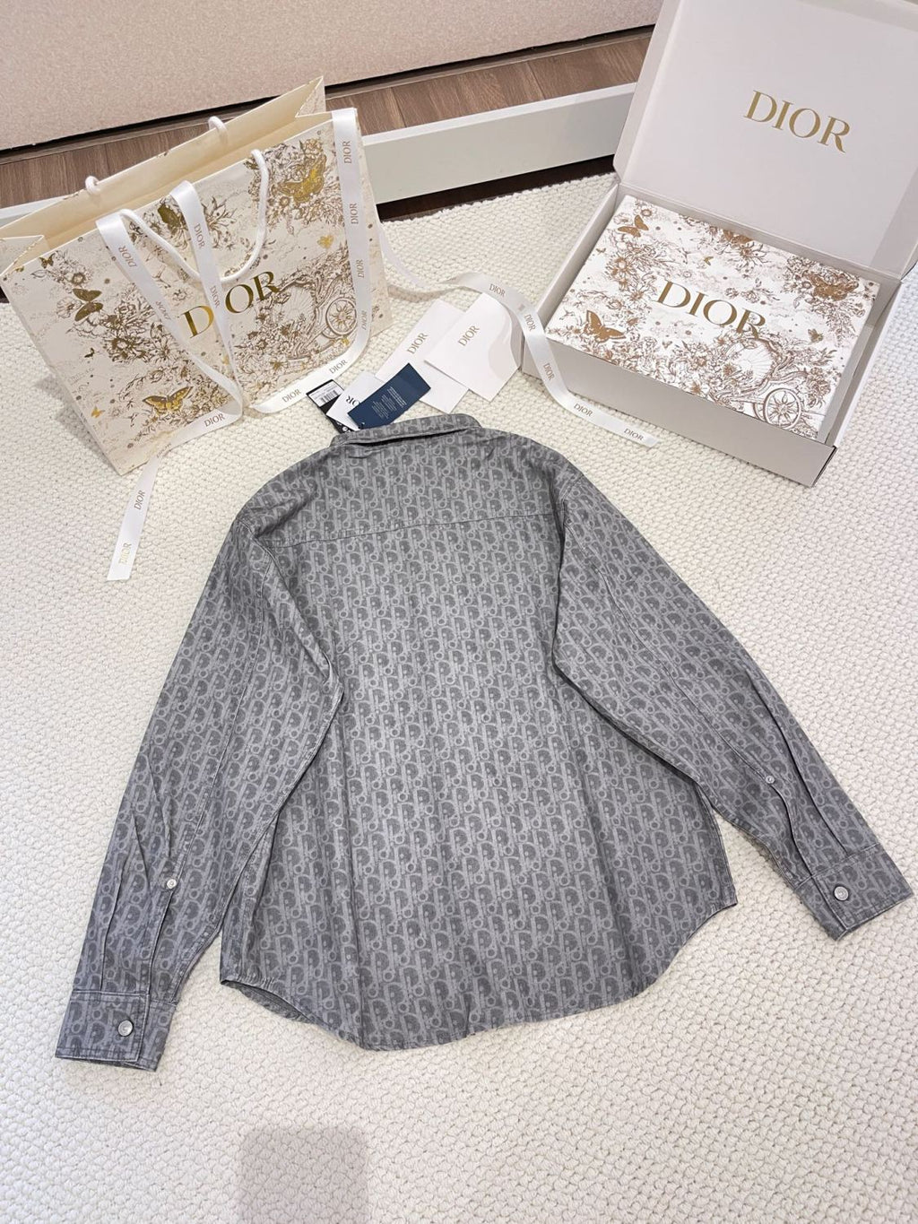 DIOR Men's Grey Cotton Denim Oblique Printed Shirt Blouse Spring Autumn Lapel Single Breasted Fashion Casual Jacket Shirt #71845