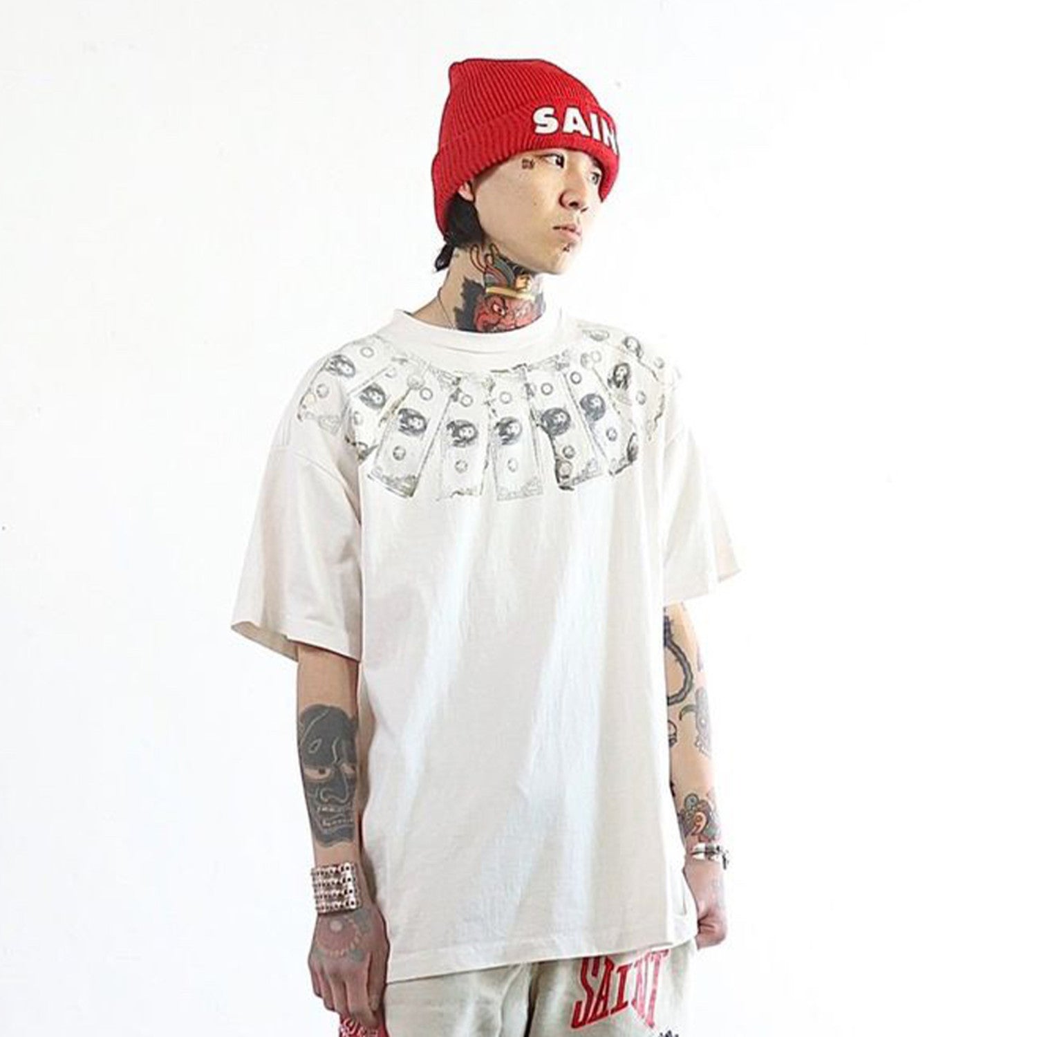 Saint Michael Men's Summer Printed Half High Neck Pullover Straight Short Sleeve Drop Sleeve T-Shirt Ngvp #8367