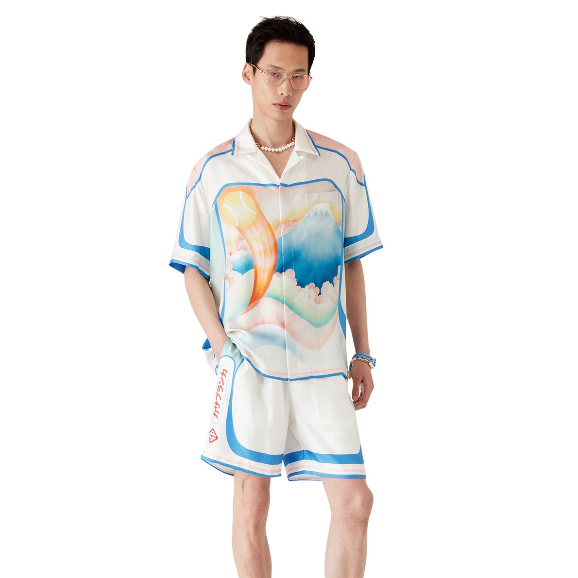 Casablanca Men's Summer Fashion Casual Volcano Print Single-Breasted Silk Short Sleeve Shirt with Waist Elastic Silk Shorts Suit Set #78743