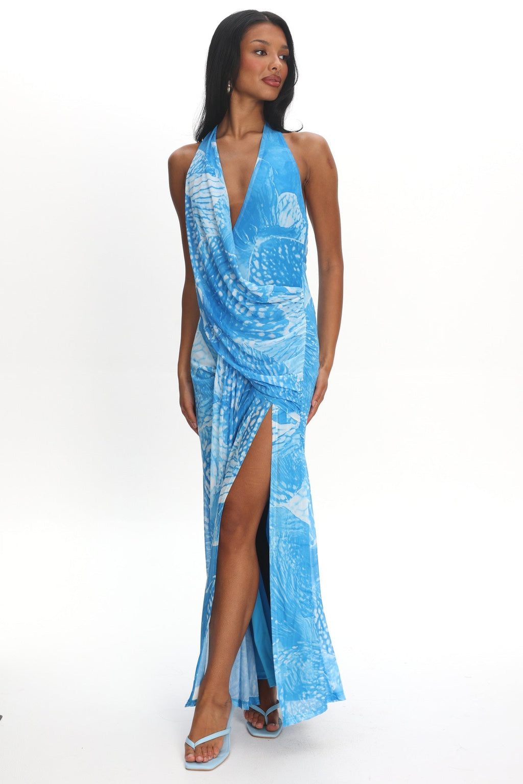 Palomino Plunging Halter Maxi Dress Print Blue