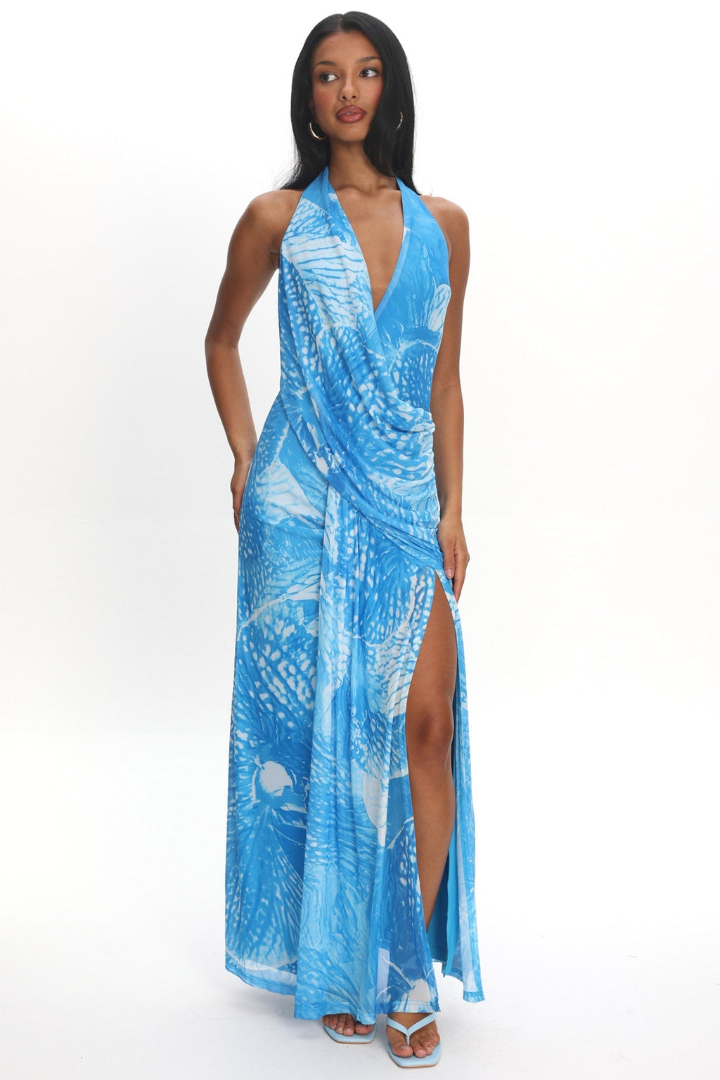 Palomino Plunging Halter Maxi Dress Print Blue