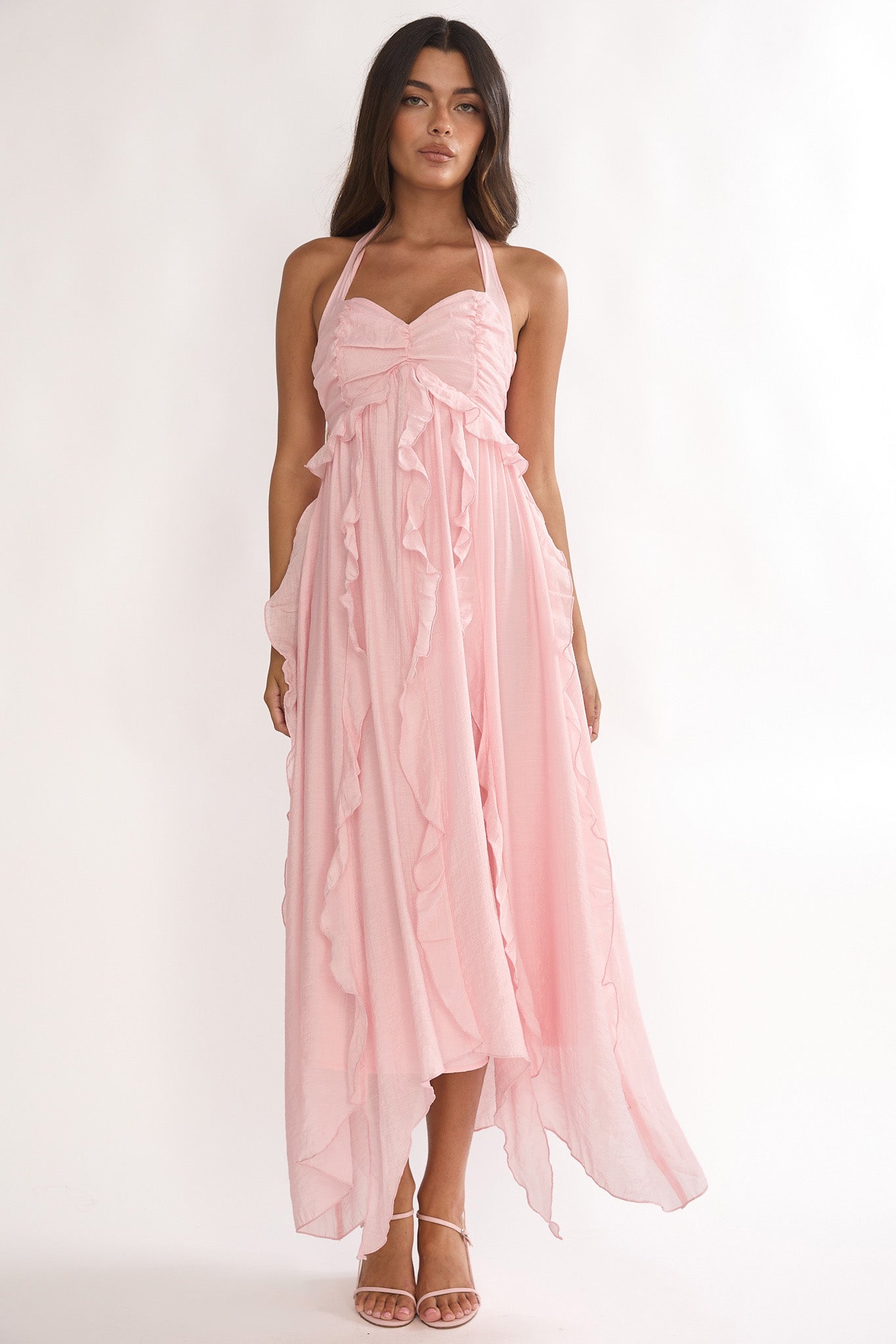 Spirit Frill Trim Halterneck Maxi Dress Pink