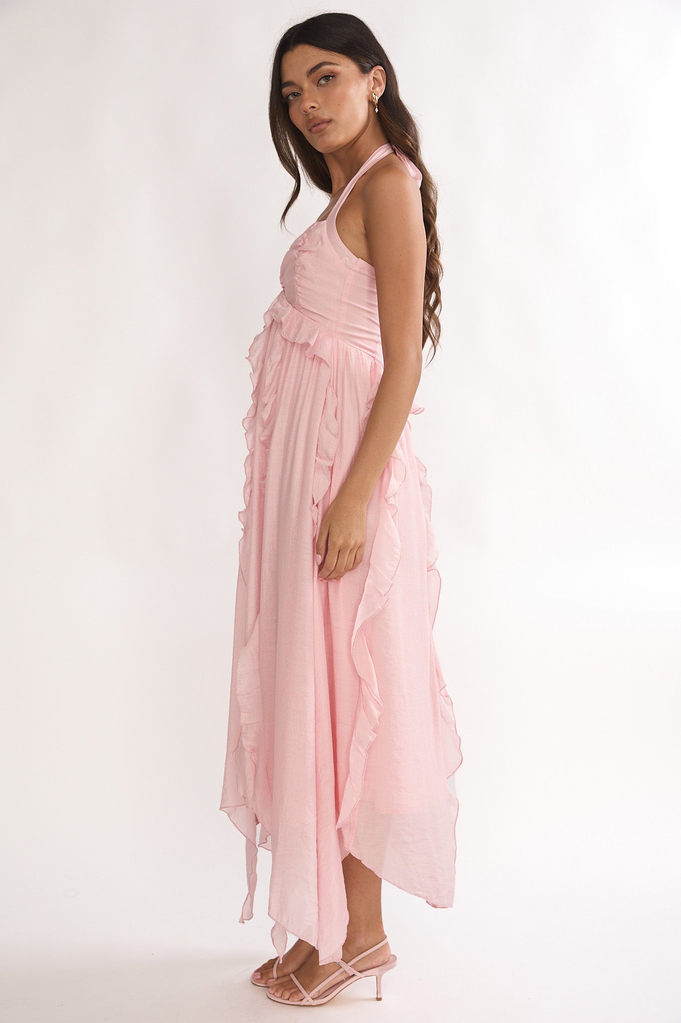 Spirit Frill Trim Halterneck Maxi Dress Pink