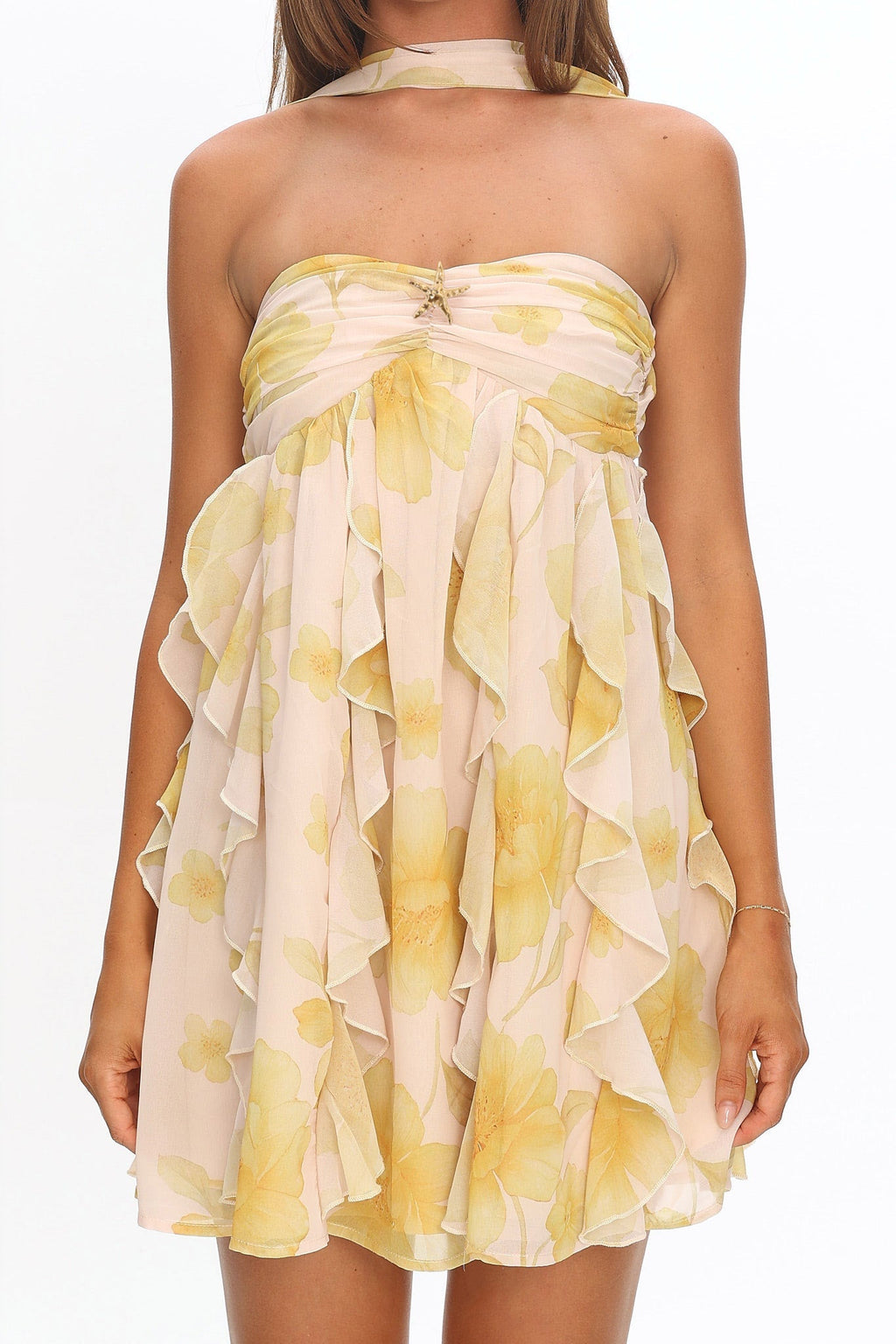 Spirit Reverse Halter Ruffle Mini Dress Floral Butter
