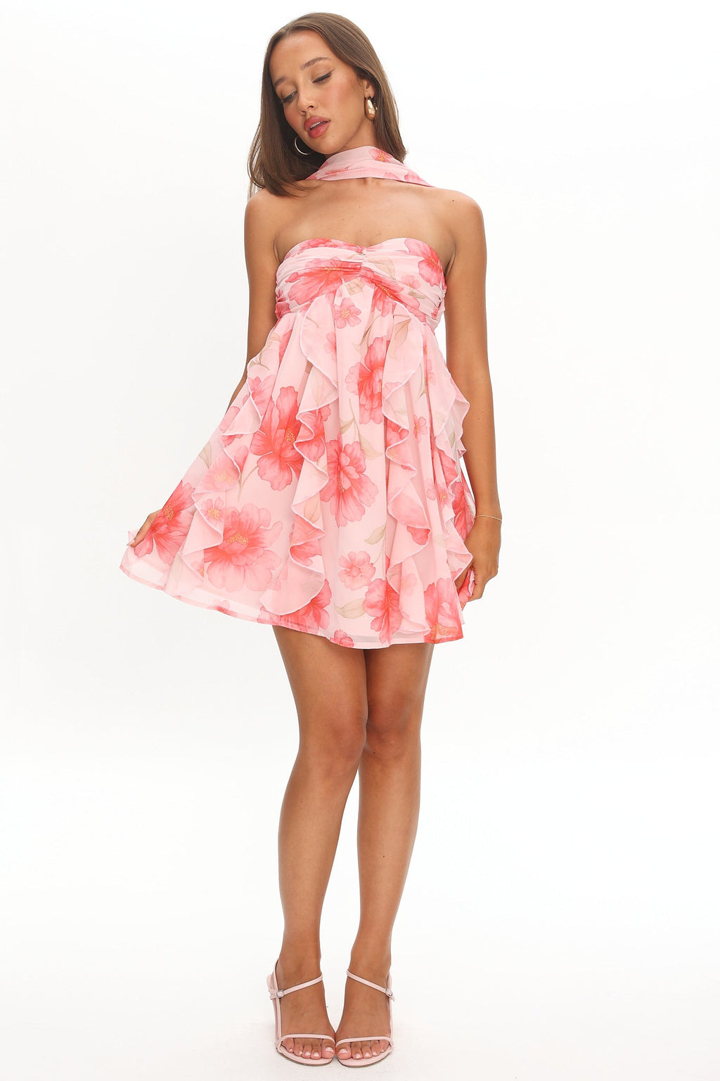 Spirit Reverse Halter Ruffle Mini Dress Floral Pink