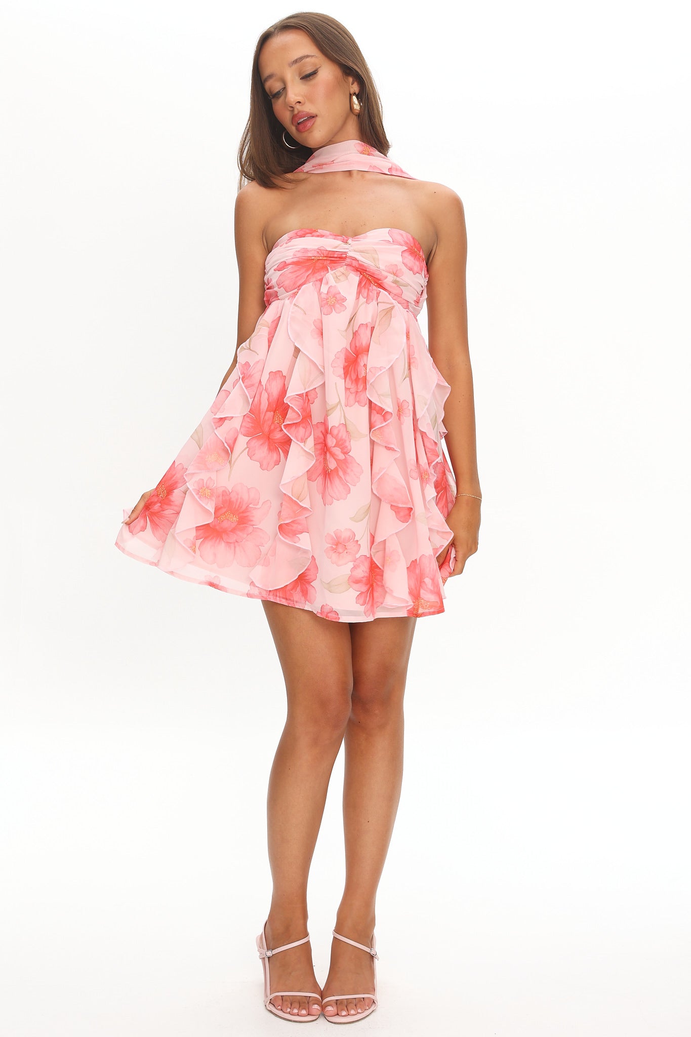 Spirit Reverse Halter Ruffle Mini Dress Floral Pink
