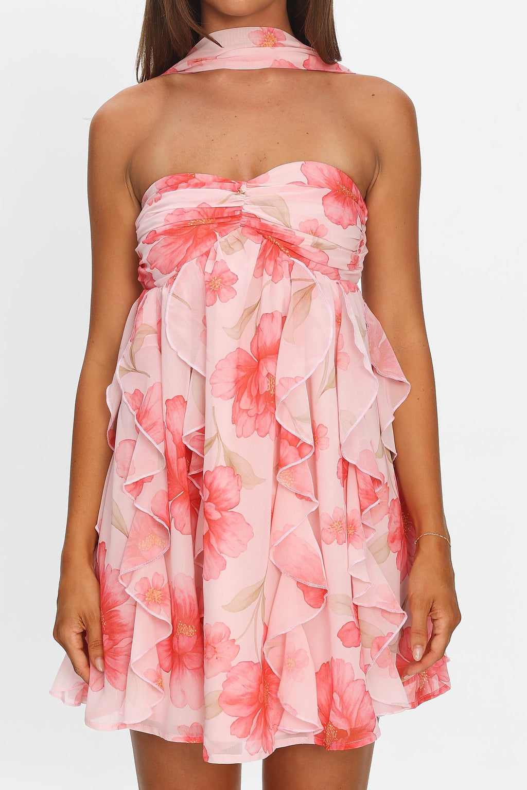 Spirit Reverse Halter Ruffle Mini Dress Floral Pink