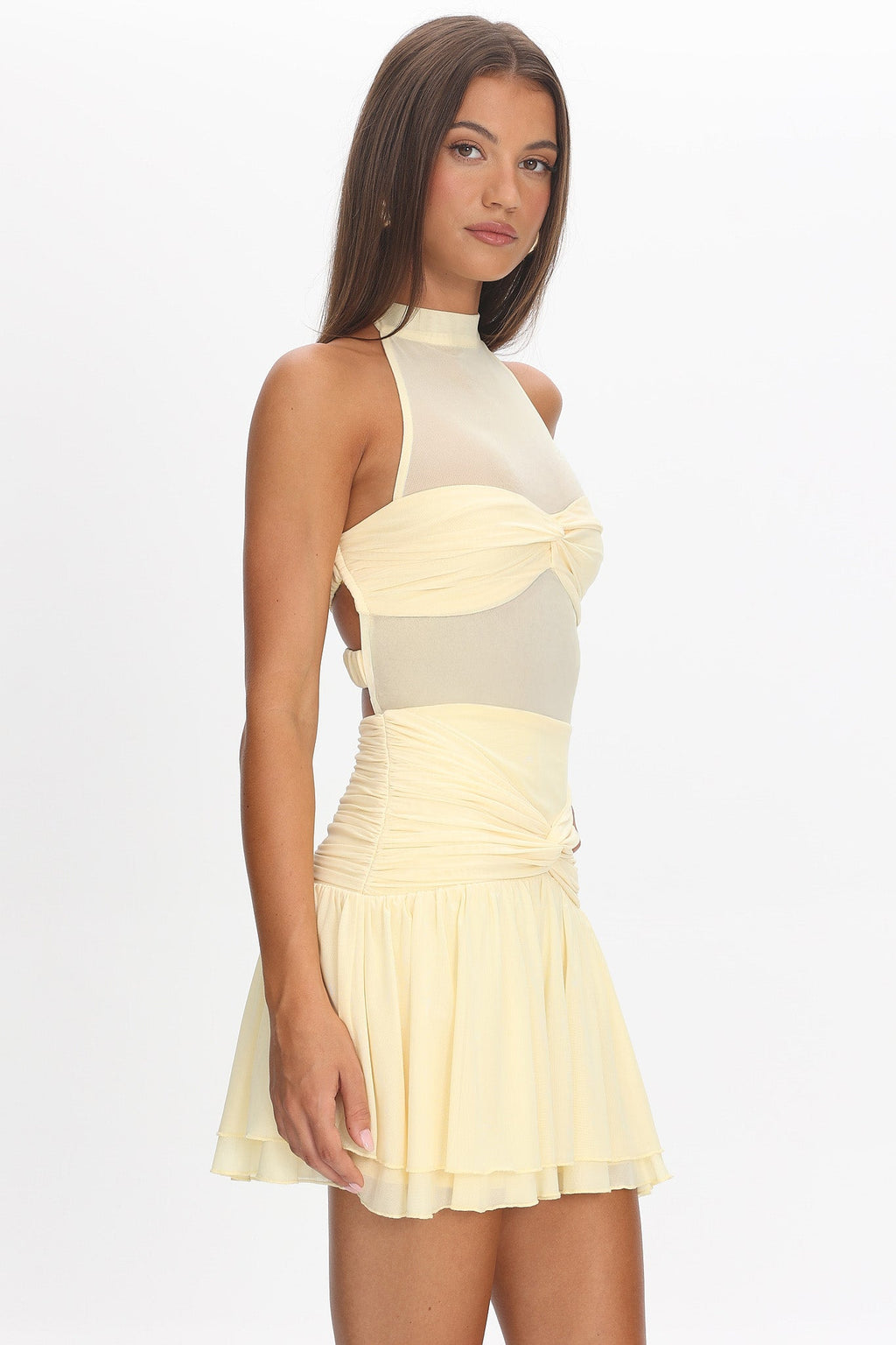Savina Sheer Bodice Mini Dress Lemon