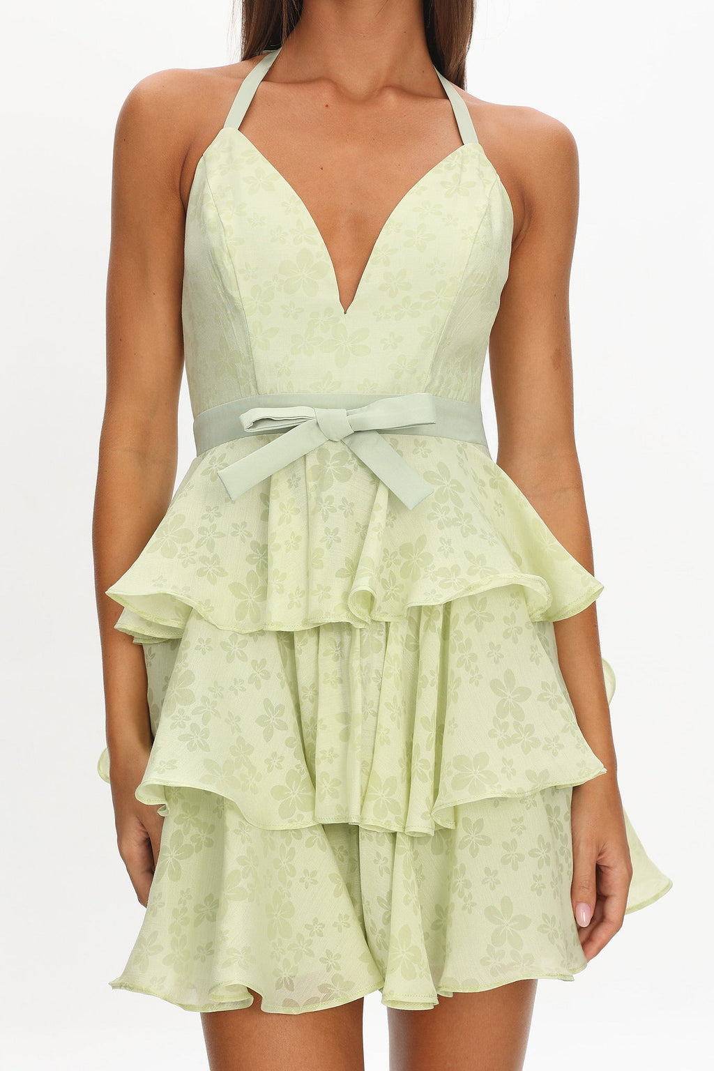 Ayala Halterneck Ruffle Mini Dress Floral Lime