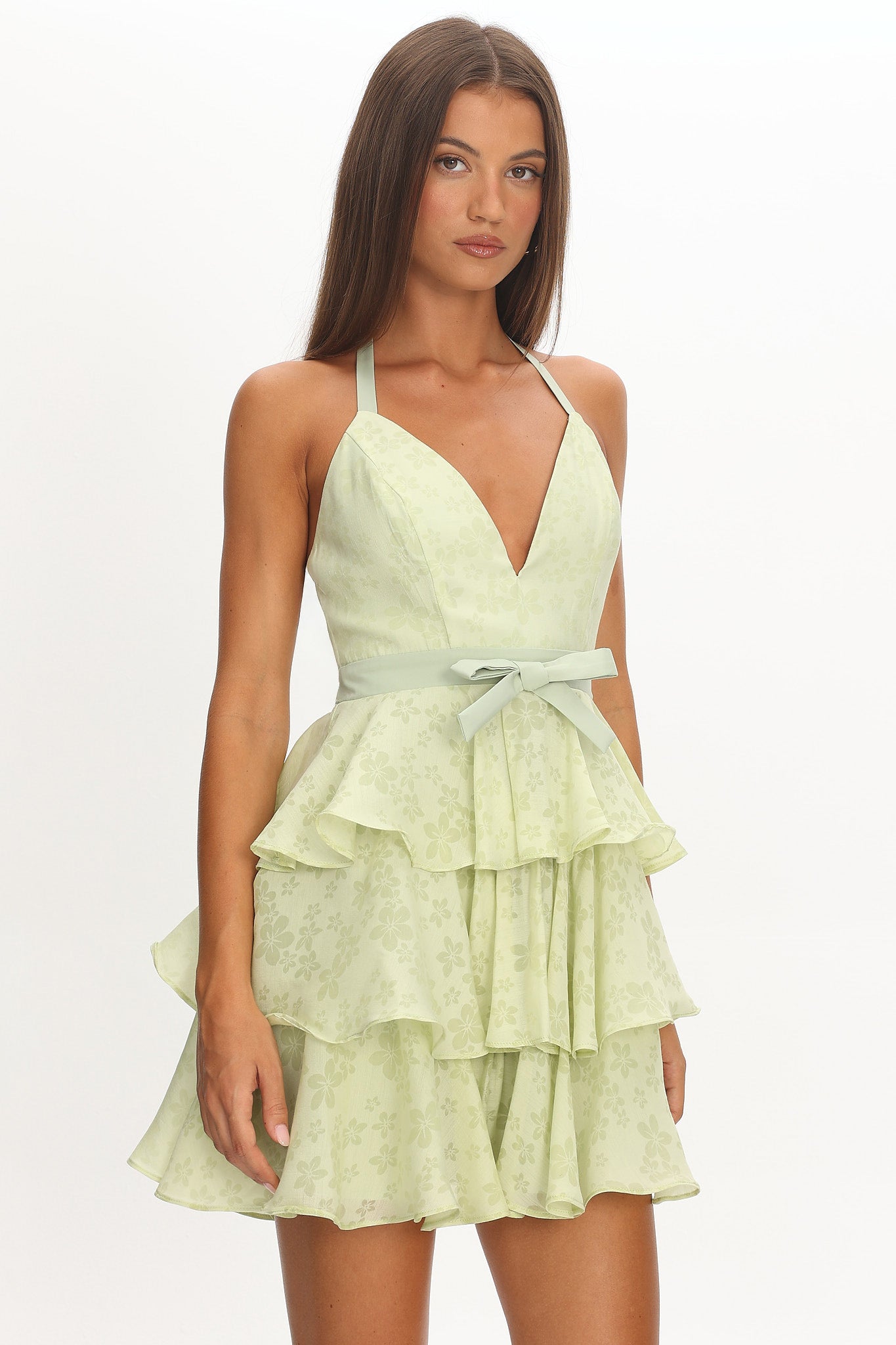 Ayala Halterneck Ruffle Mini Dress Floral Lime