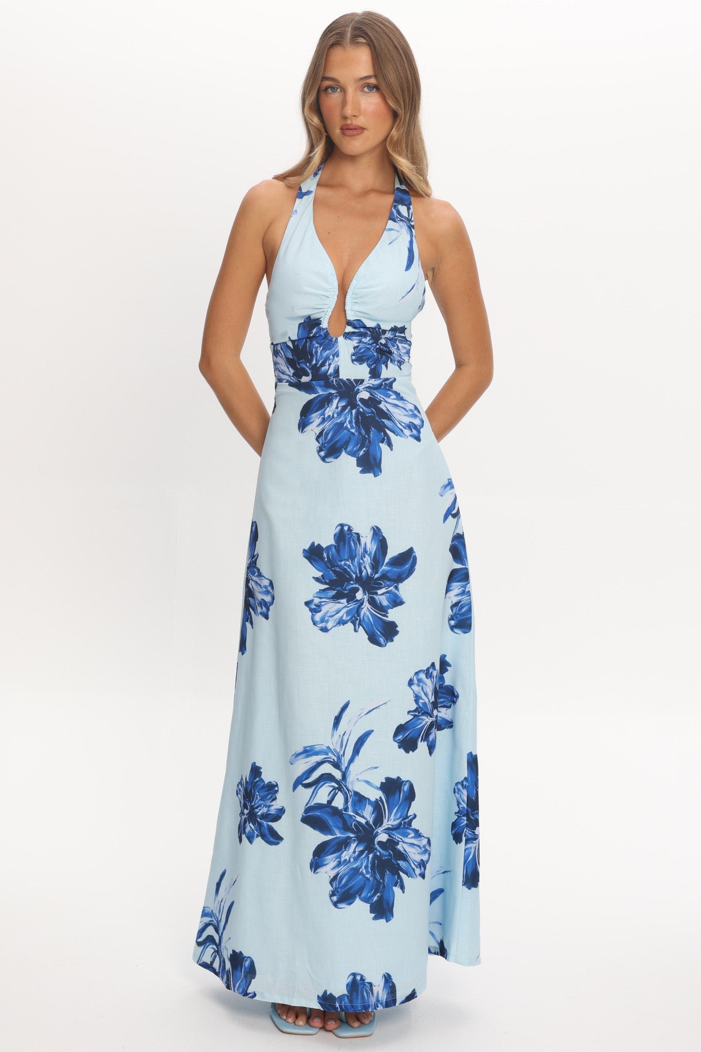 Lioren Plunging Halterneck Maxi Dress Floral Blue