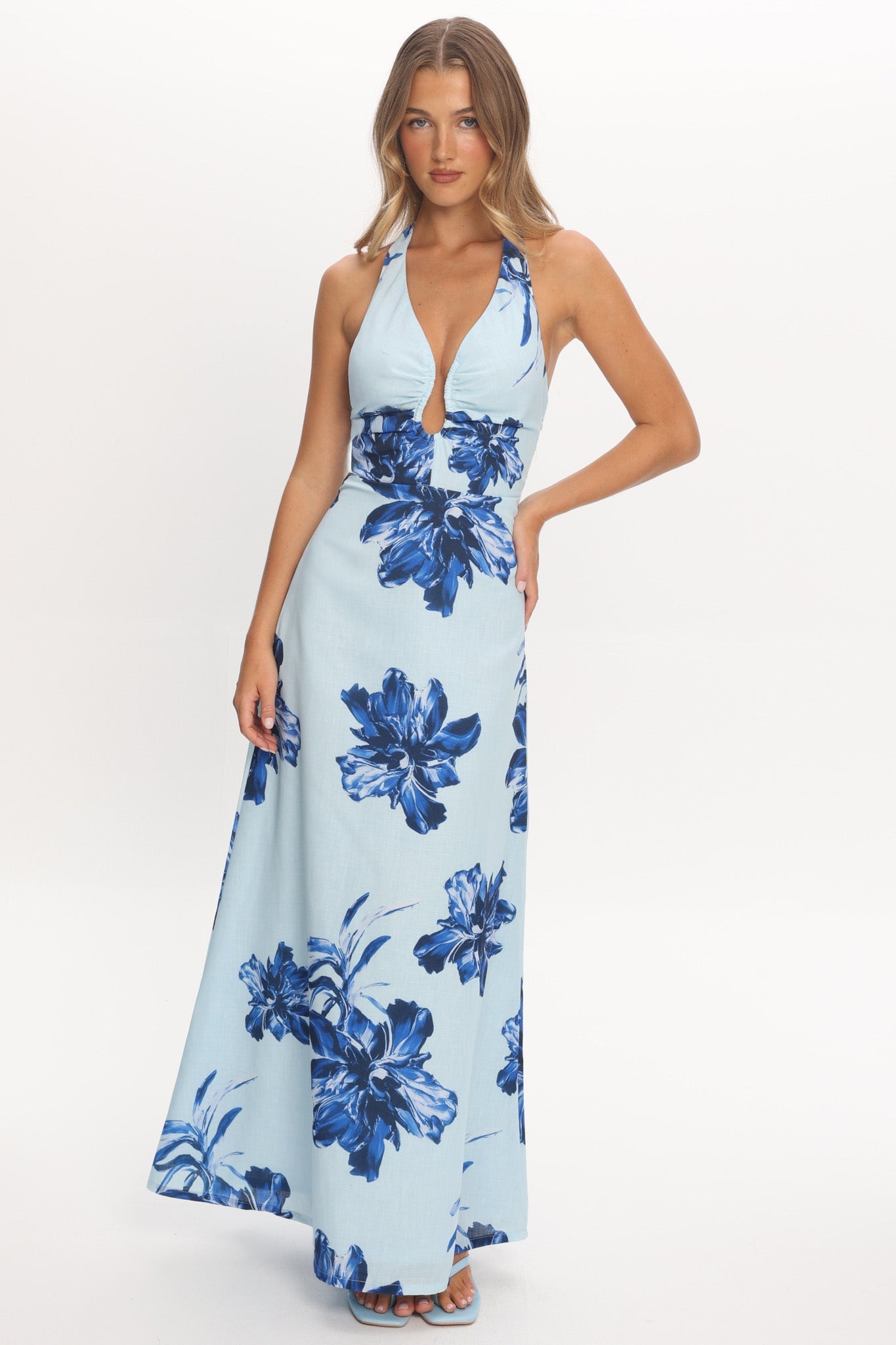 Lioren Plunging Halterneck Maxi Dress Floral Blue