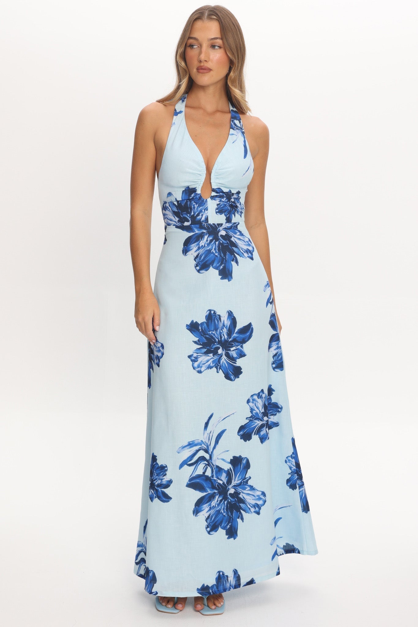 Lioren Plunging Halterneck Maxi Dress Floral Blue