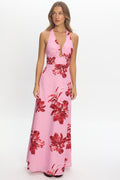 Lioren Plunging Halterneck Maxi Dress Floral Pink