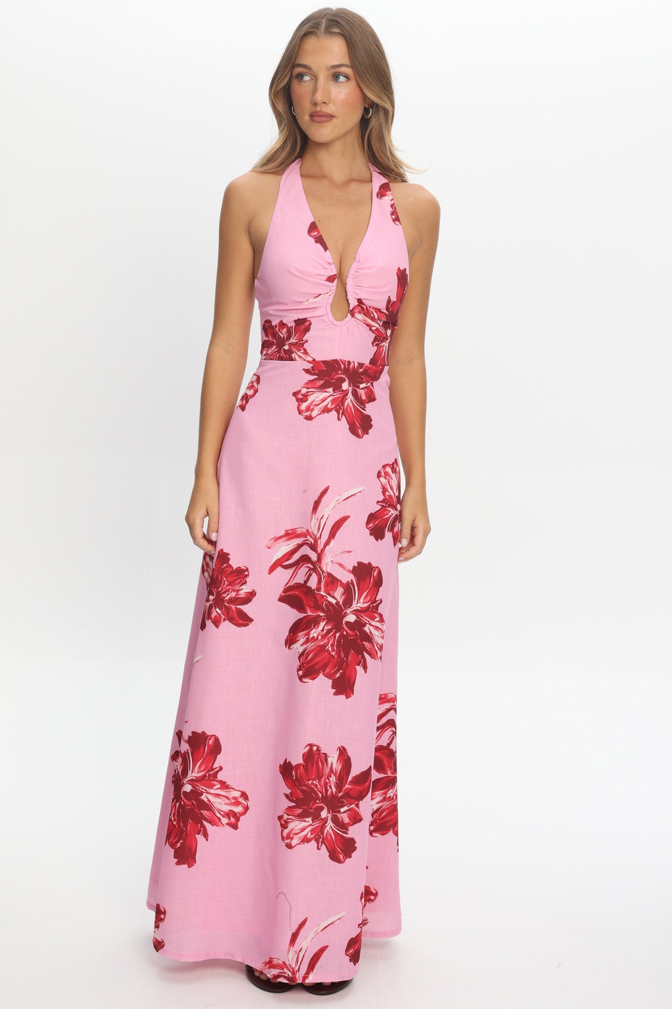 Lioren Plunging Halterneck Maxi Dress Floral Pink