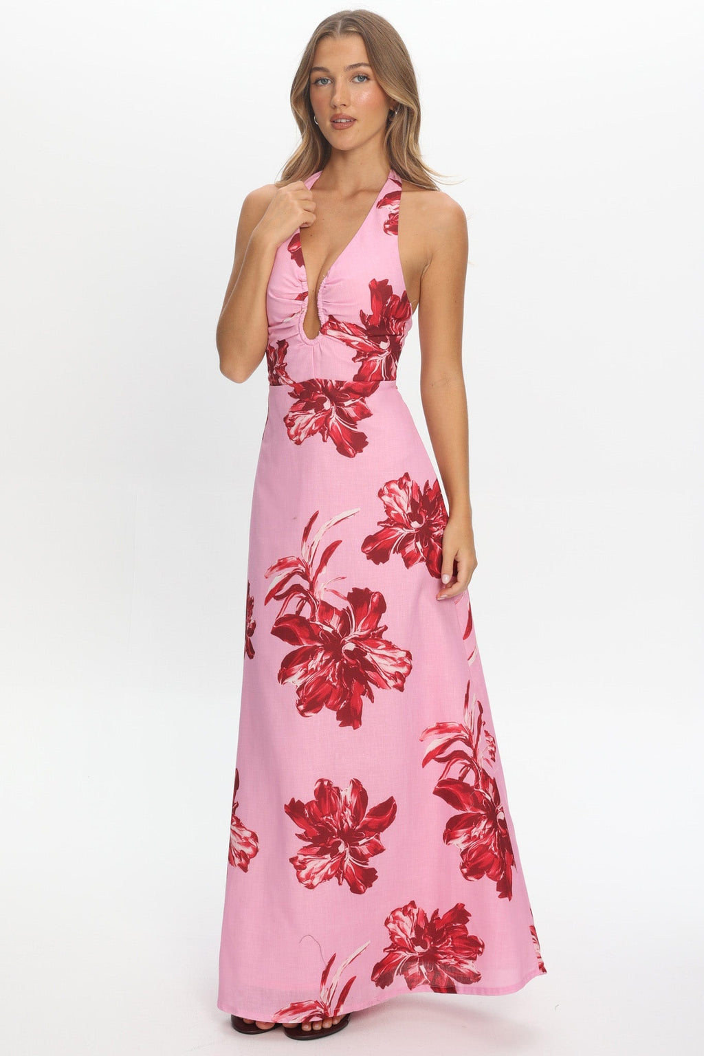 Lioren Plunging Halterneck Maxi Dress Floral Pink