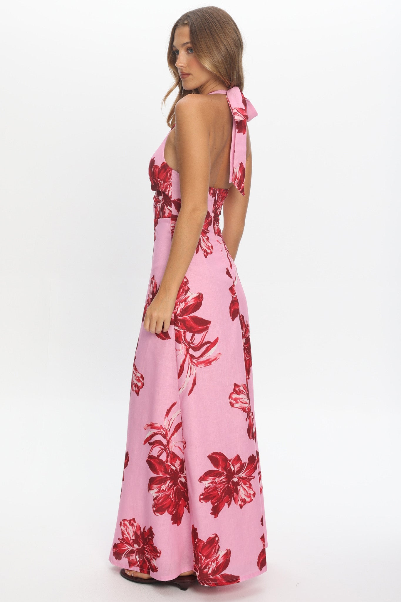 Lioren Plunging Halterneck Maxi Dress Floral Pink