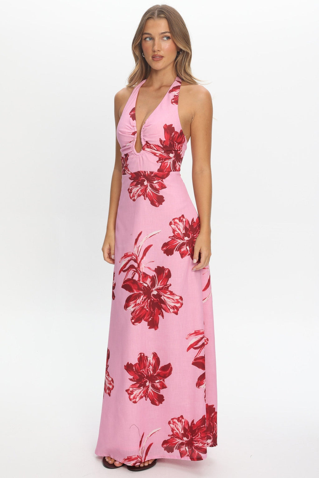 Lioren Plunging Halterneck Maxi Dress Floral Pink