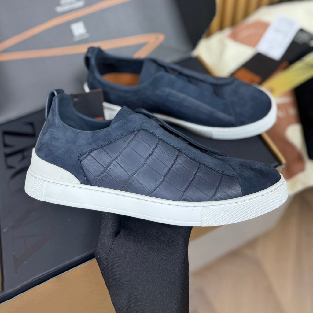 Ermenegildo Zegna Men's Fashion Classic Round Toe Slip On Flat Low Top Crocodile Leather Suede Patchwork Luxury Business Casual Shoes #79375