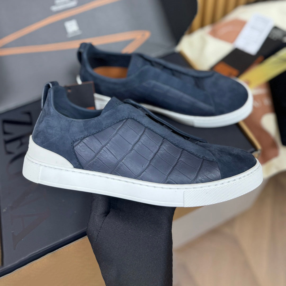 Ermenegildo Zegna Men's Fashion Classic Round Toe Slip On Flat Low Top Crocodile Leather Suede Patchwork Luxury Business Casual Shoes #79375
