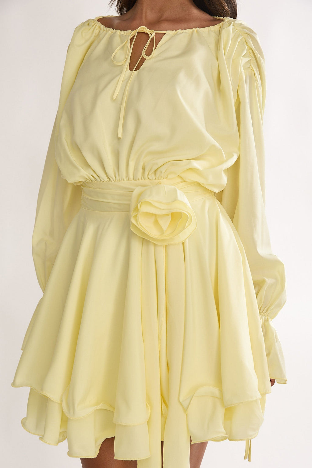 Maeva Long Balloon Sleeve Rosette Mini Dress Lemon
