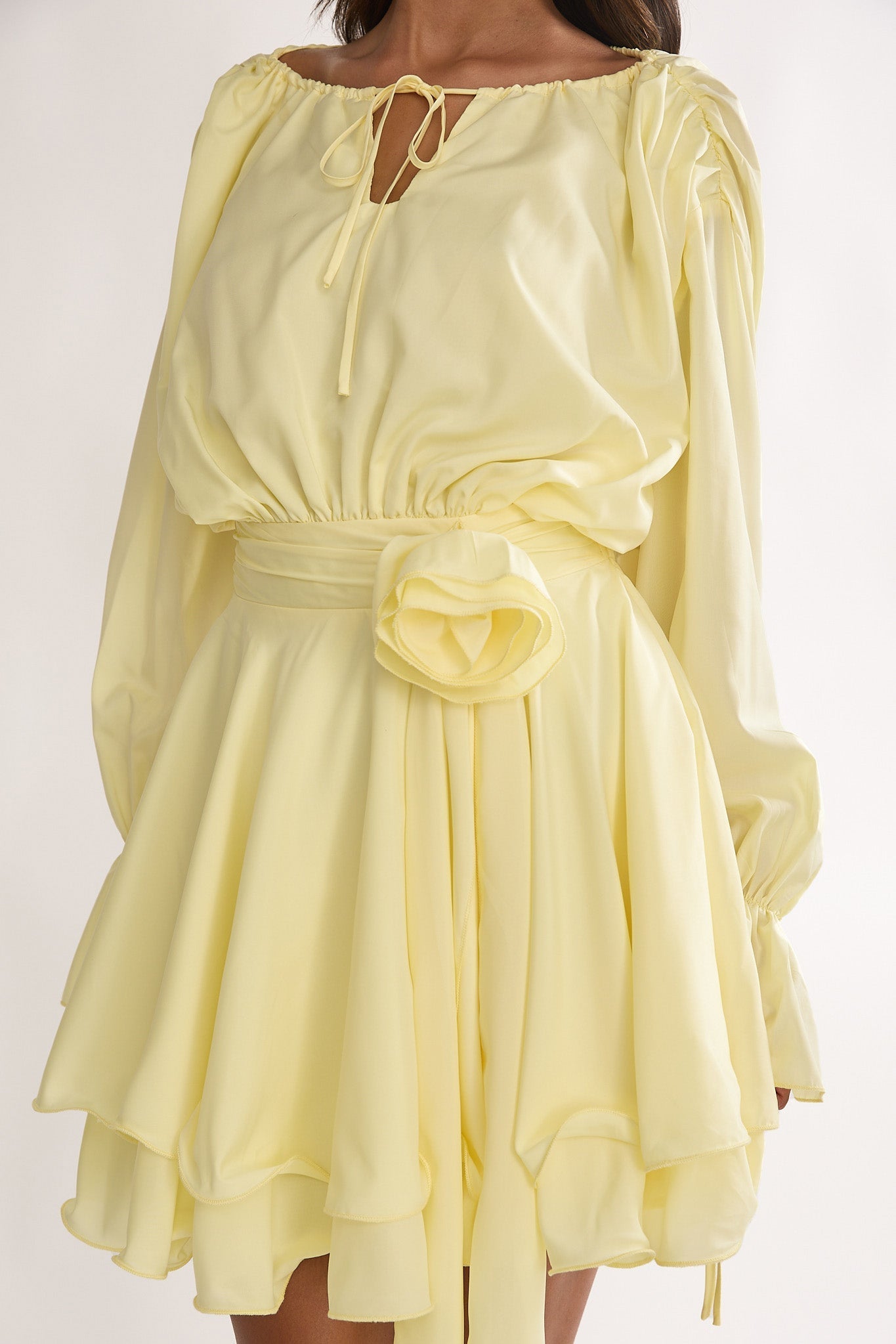 Maeva Long Balloon Sleeve Rosette Mini Dress Lemon
