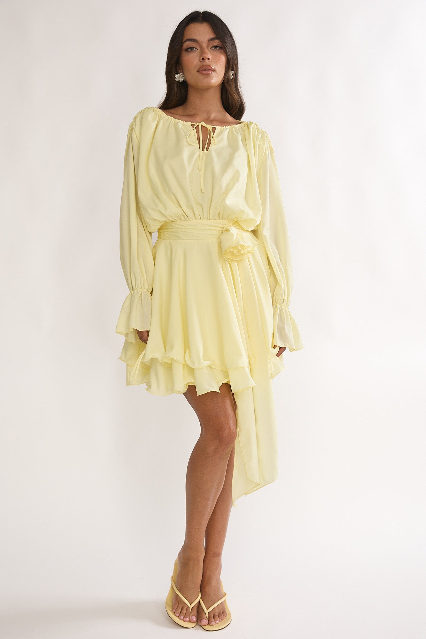 Maeva Long Balloon Sleeve Rosette Mini Dress Lemon