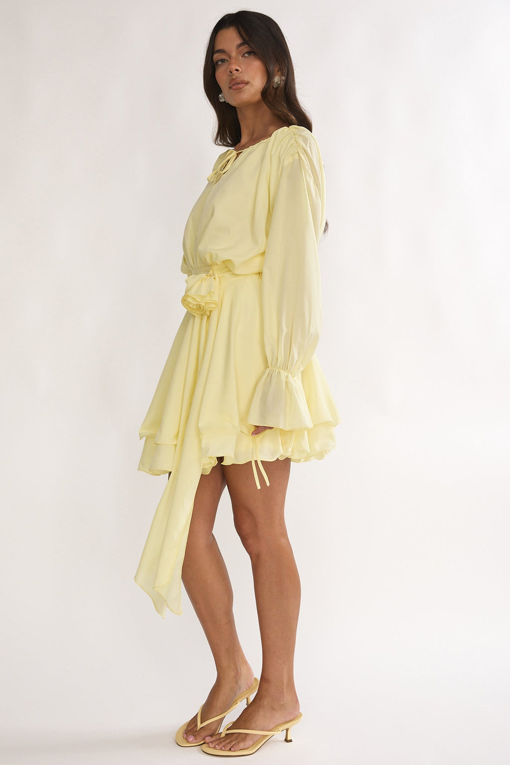 Maeva Long Balloon Sleeve Rosette Mini Dress Lemon