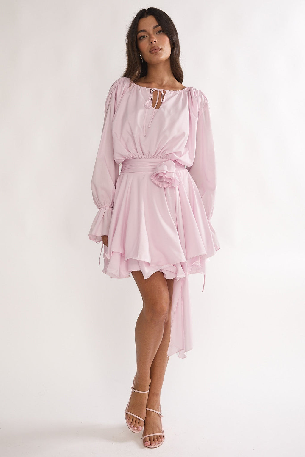 Maeva Long Balloon Sleeve Rosette Mini Dress Baby Pink