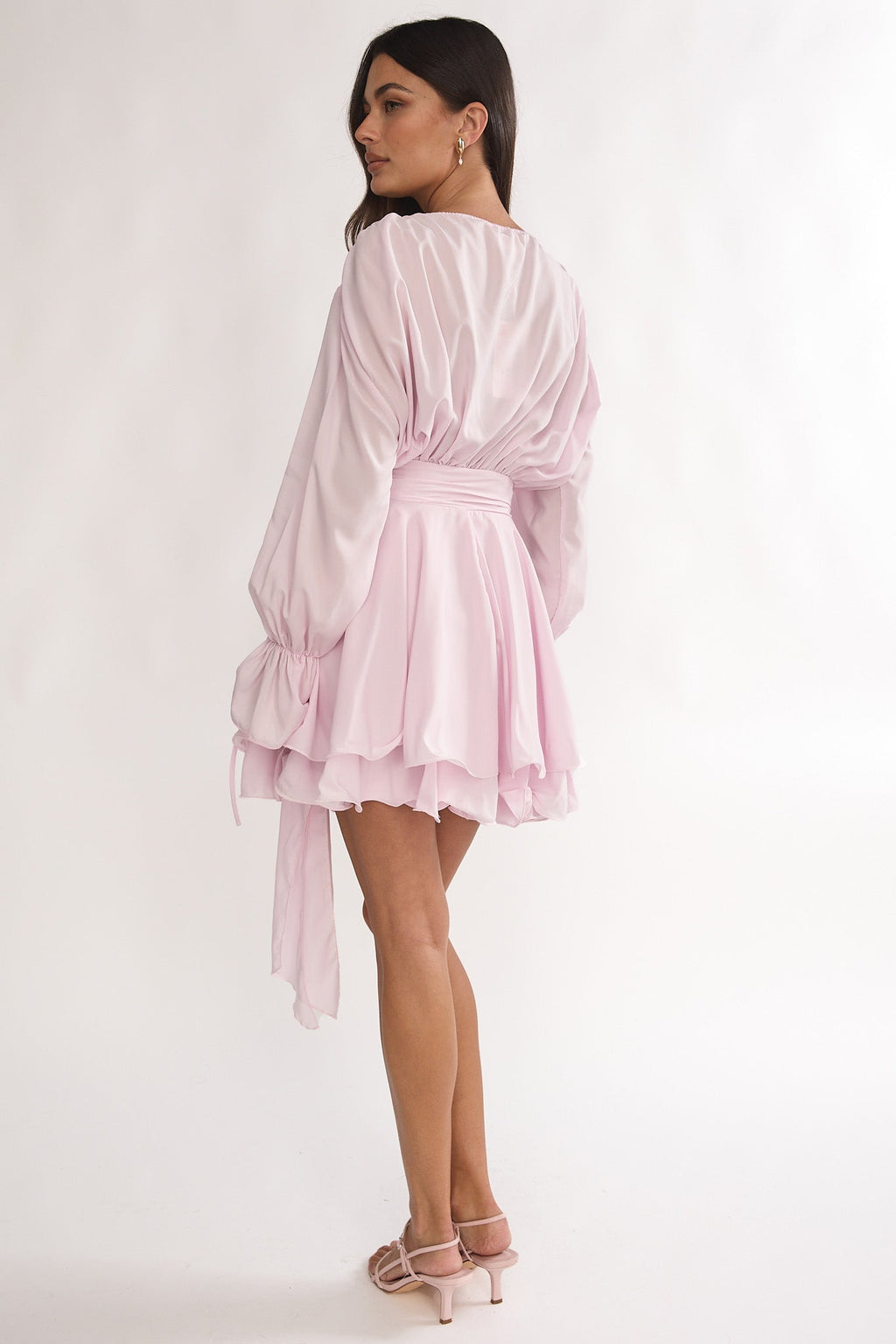 Maeva Long Balloon Sleeve Rosette Mini Dress Baby Pink