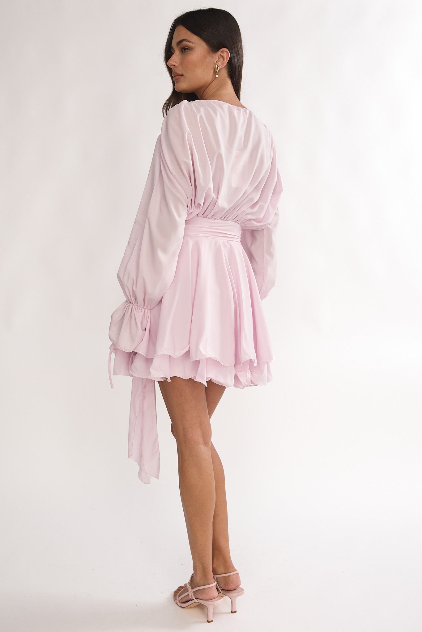 Maeva Long Balloon Sleeve Rosette Mini Dress Baby Pink