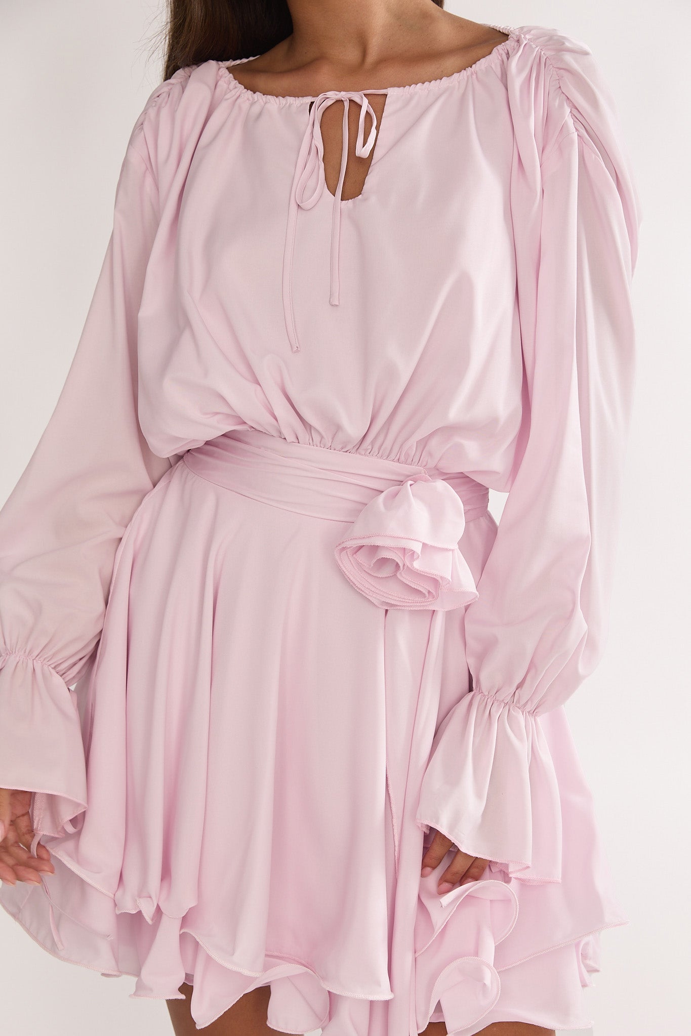 Maeva Long Balloon Sleeve Rosette Mini Dress Baby Pink