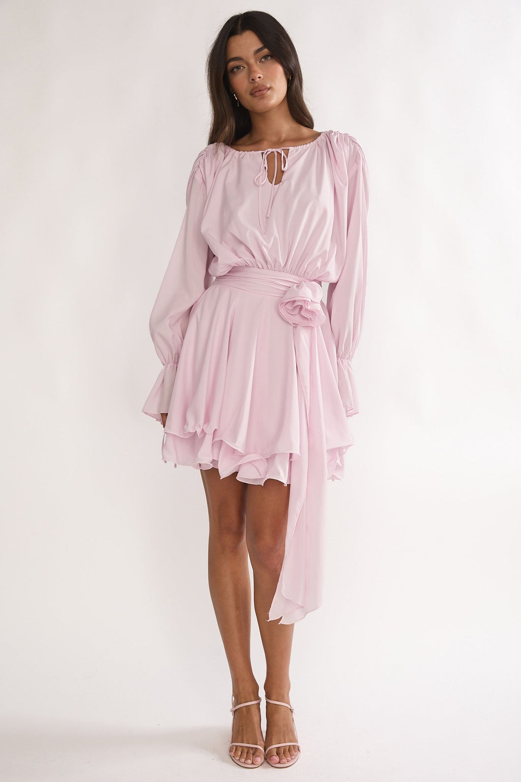 Maeva Long Balloon Sleeve Rosette Mini Dress Baby Pink