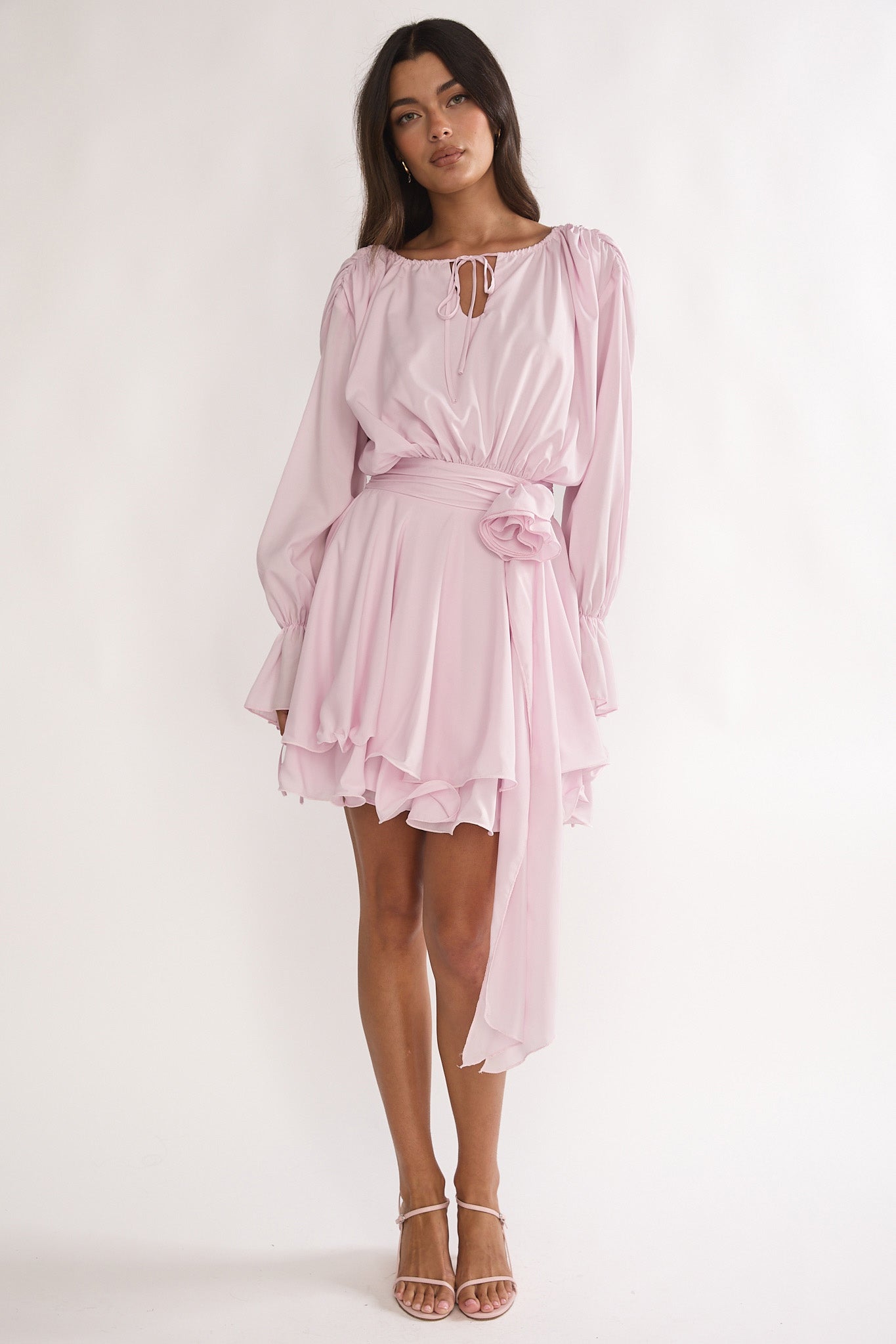 Maeva Long Balloon Sleeve Rosette Mini Dress Baby Pink