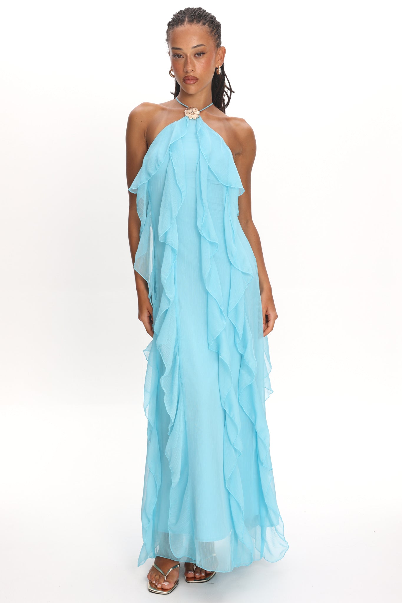 Cici Halterneck Ruffle Maxi Dress Aqua
