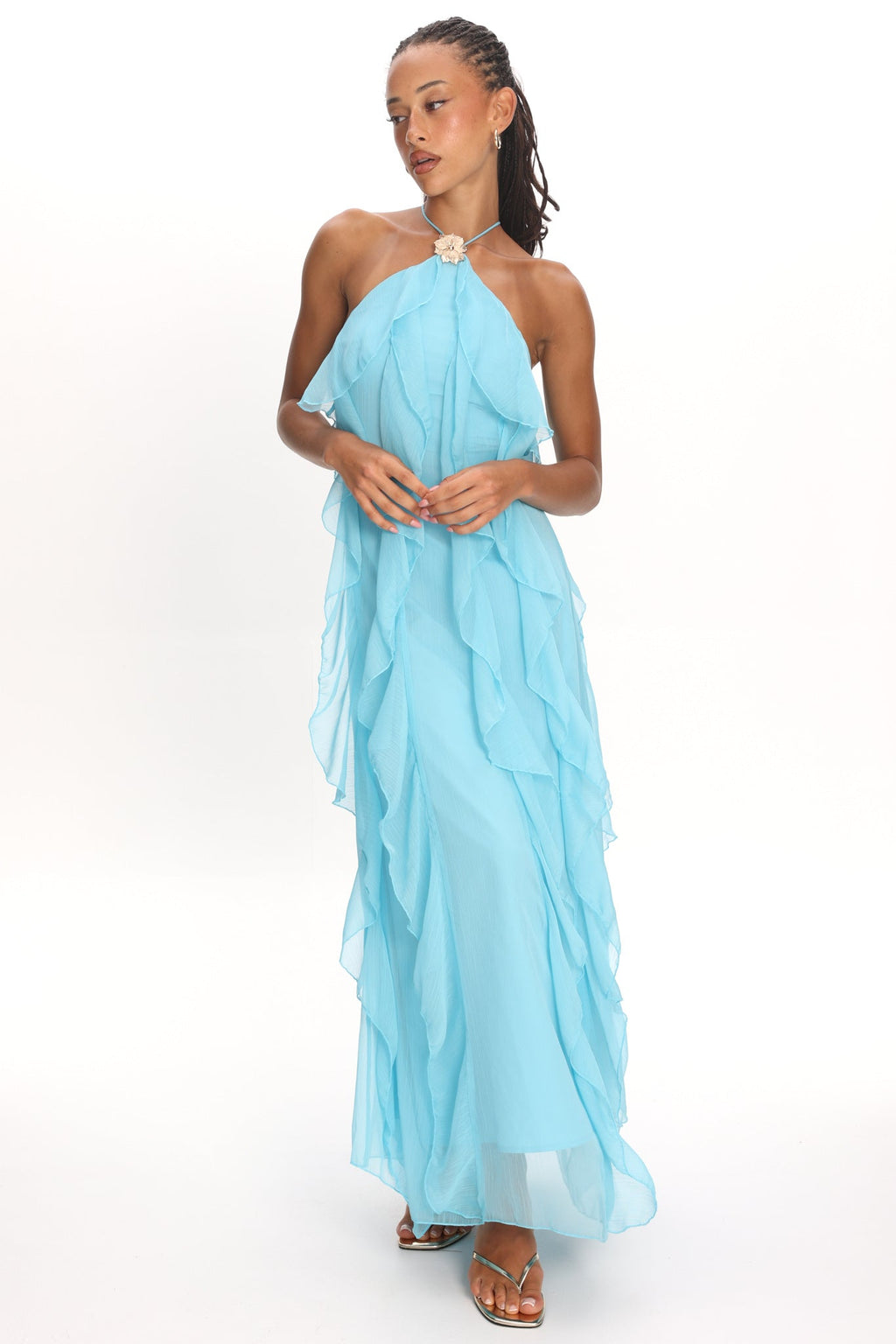Cici Halterneck Ruffle Maxi Dress Aqua
