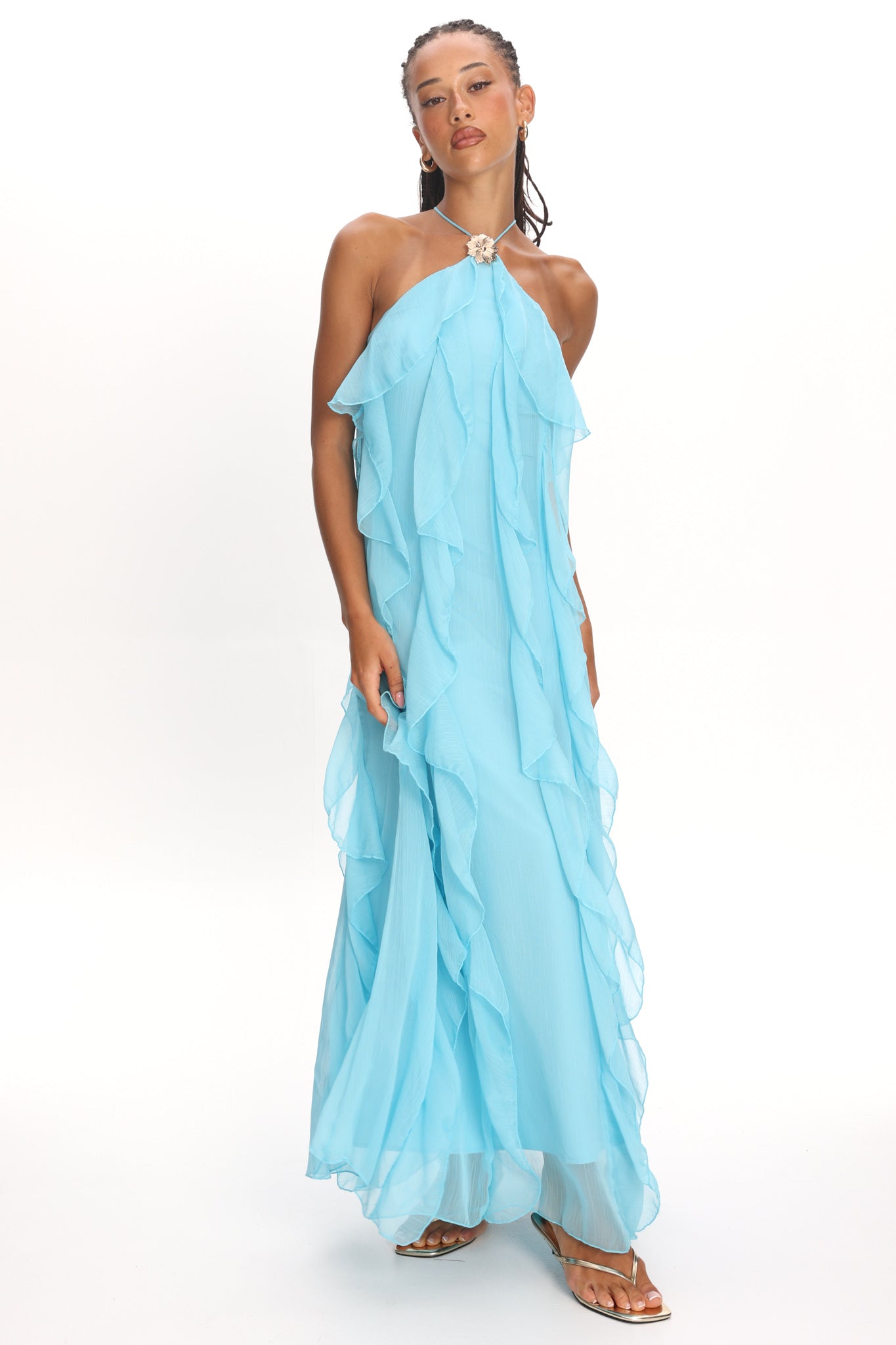 Cici Halterneck Ruffle Maxi Dress Aqua