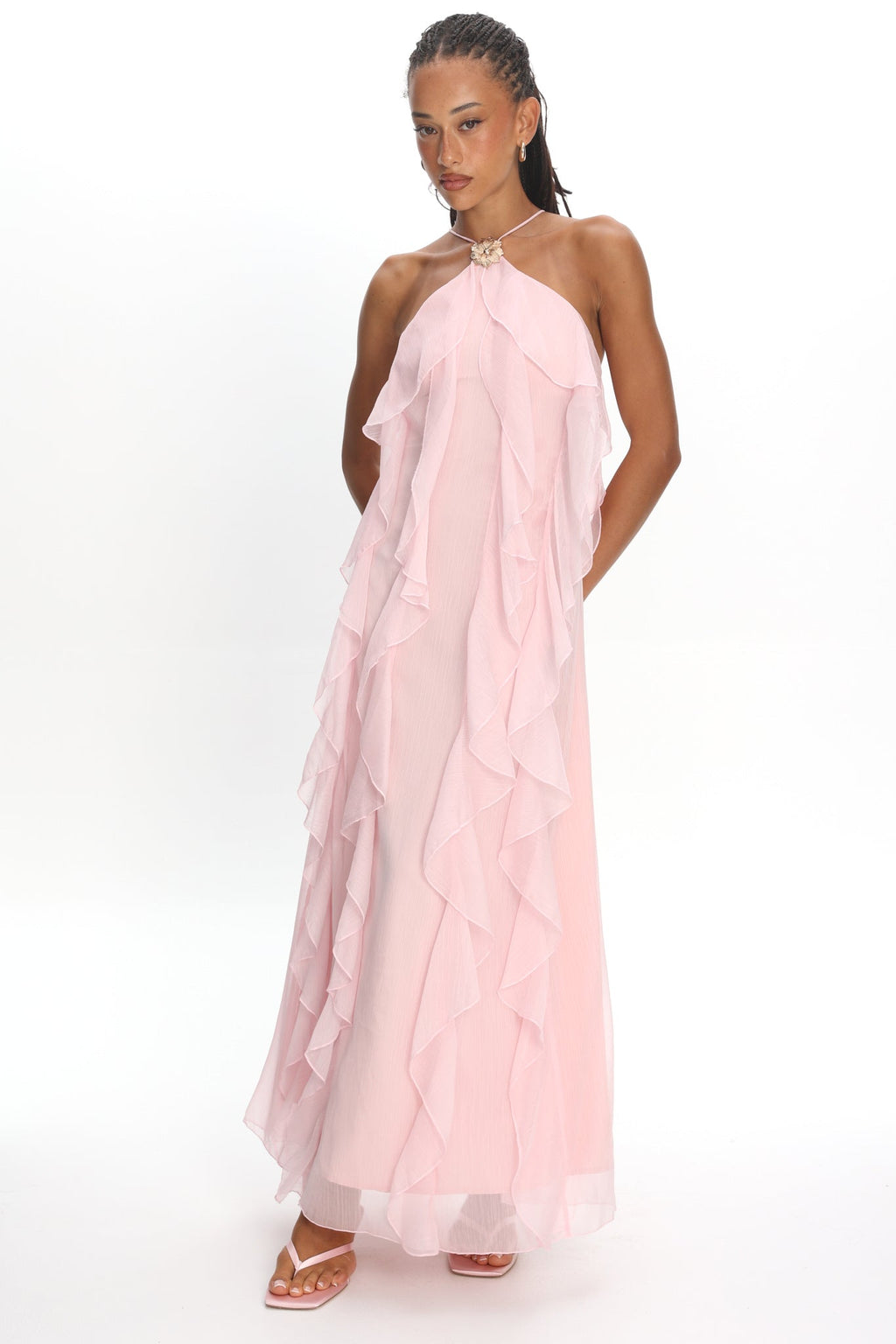 Cici Halterneck Ruffle Maxi Dress Pink