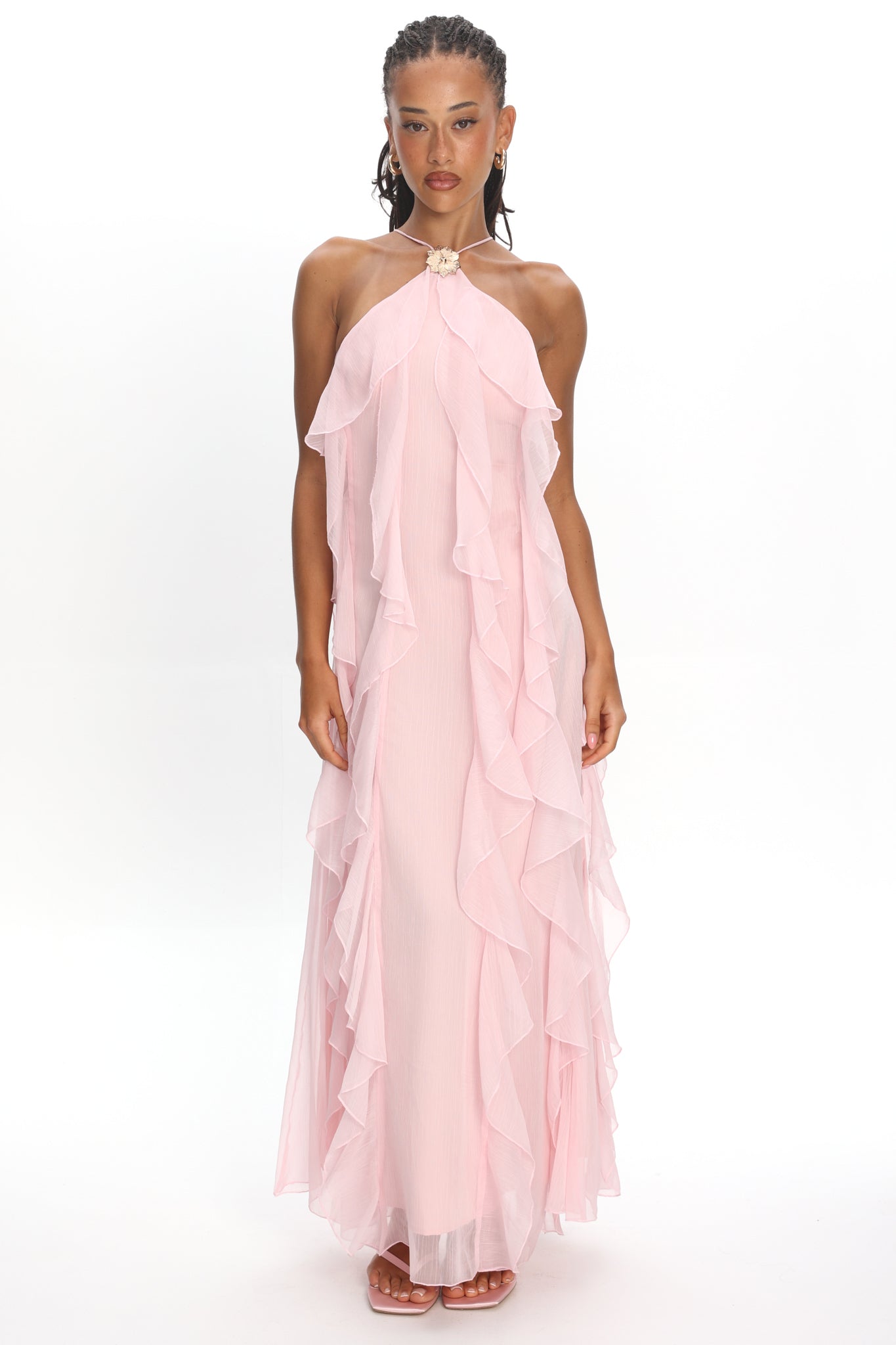 Cici Halterneck Ruffle Maxi Dress Pink
