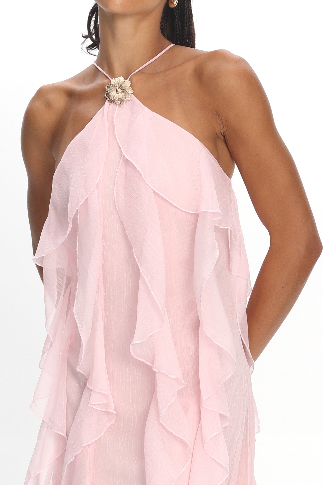 Cici Halterneck Ruffle Maxi Dress Pink
