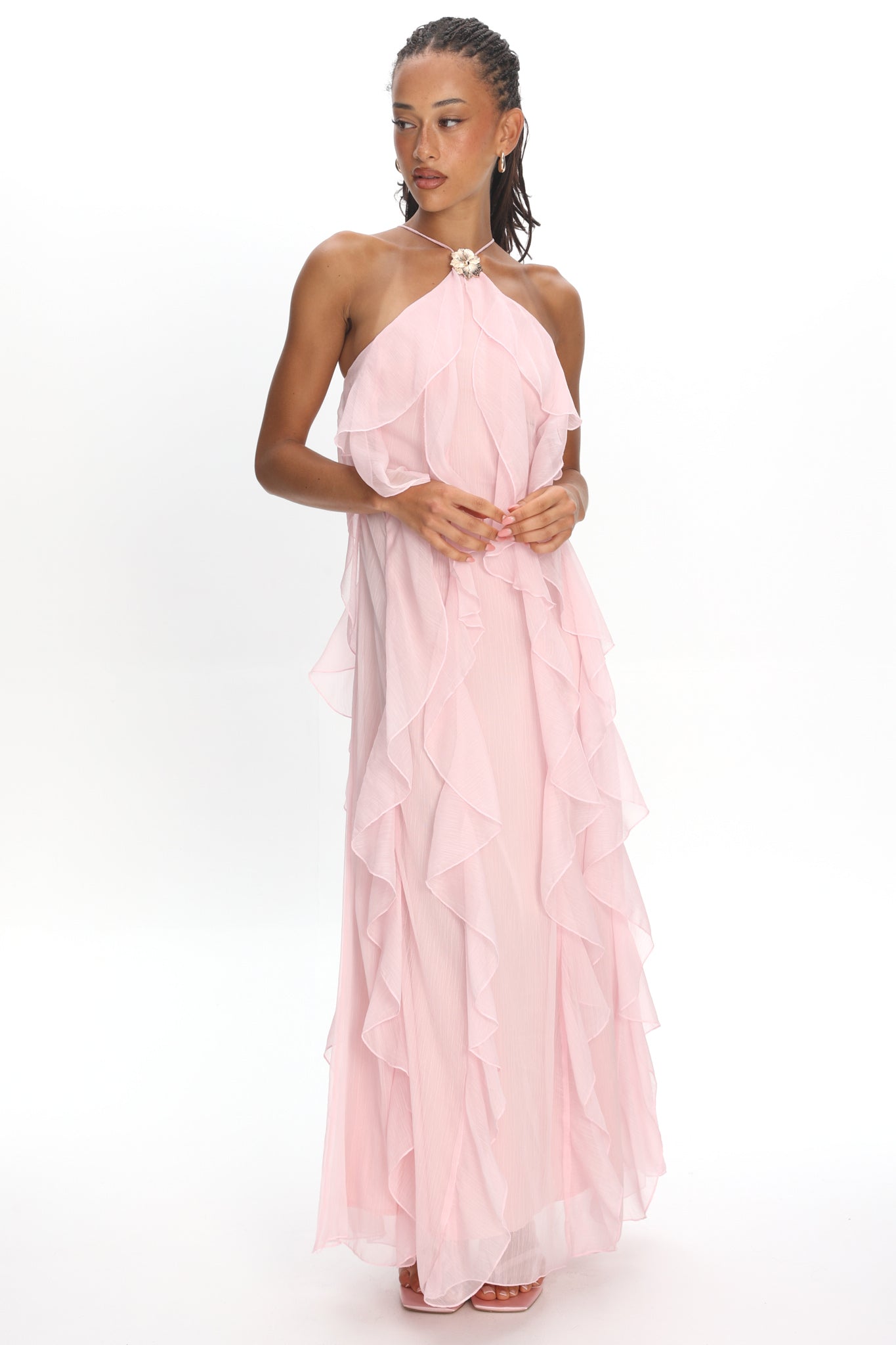 Cici Halterneck Ruffle Maxi Dress Pink