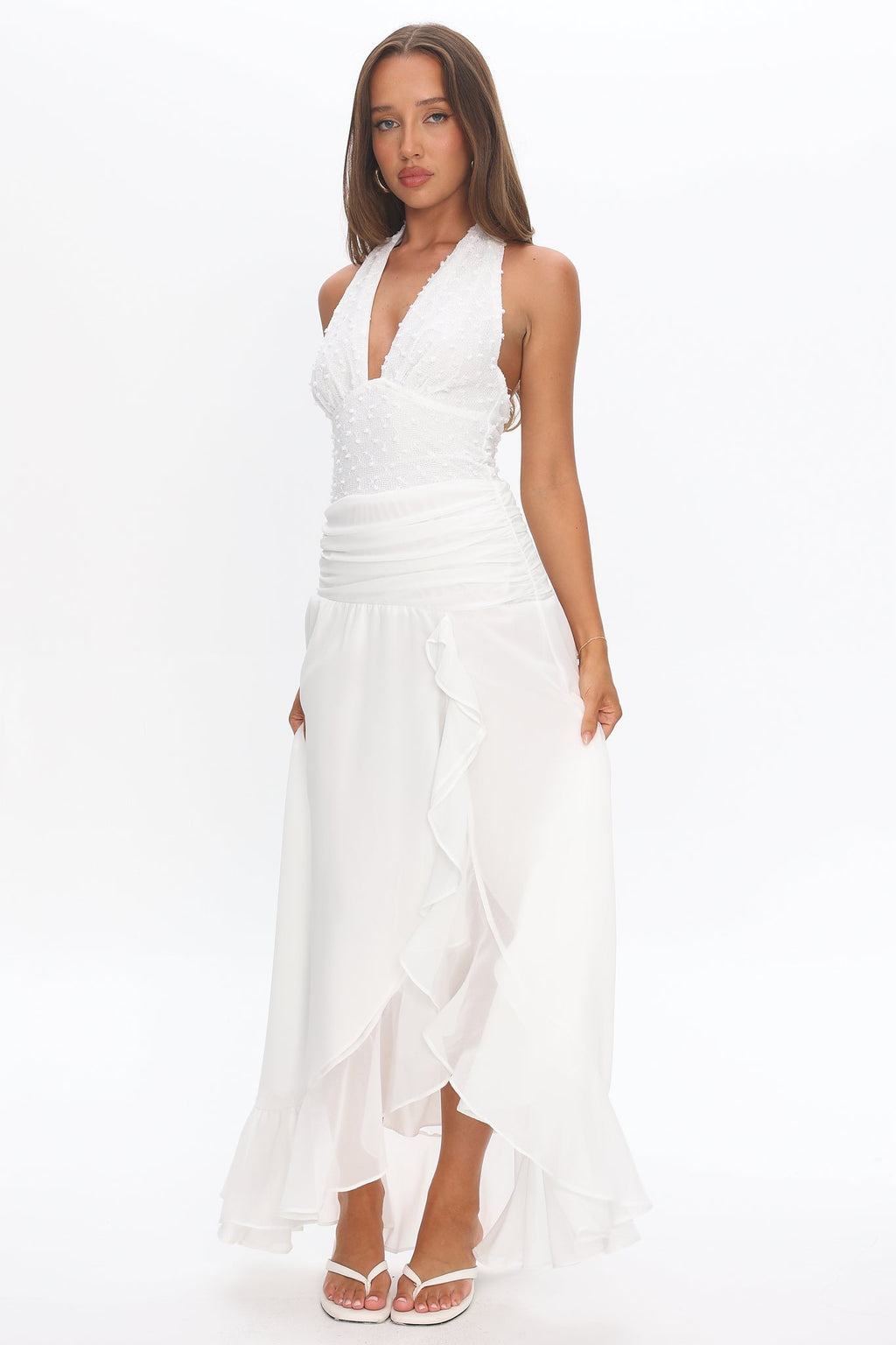 Luella Textured Halter Split Maxi Dress White