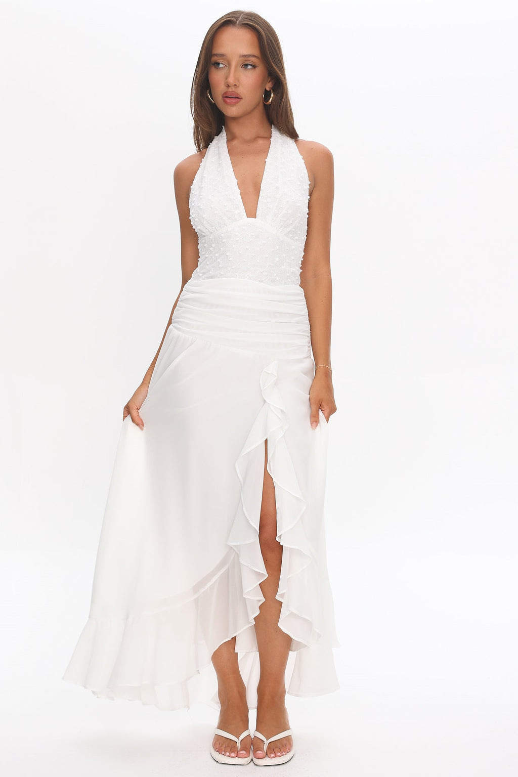 Luella Textured Halter Split Maxi Dress White