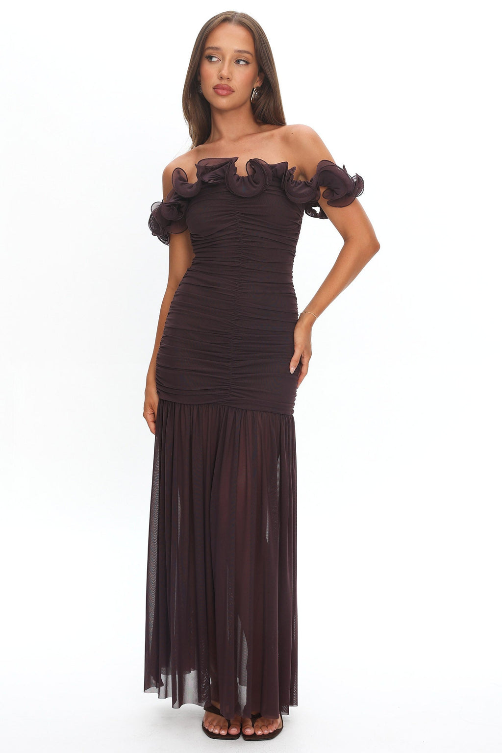 Bluebell Off-Shoulder Ruched Maxi Dress Chocolate
