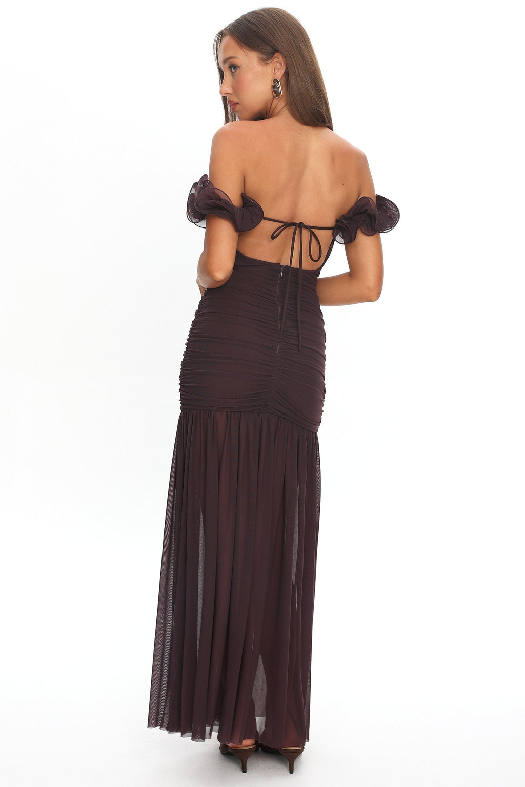 Bluebell Off-Shoulder Ruched Maxi Dress Chocolate