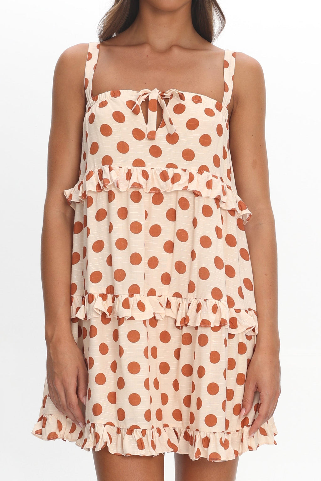 Lyndara Frill Trim Mini Dress Polka Dot Cream