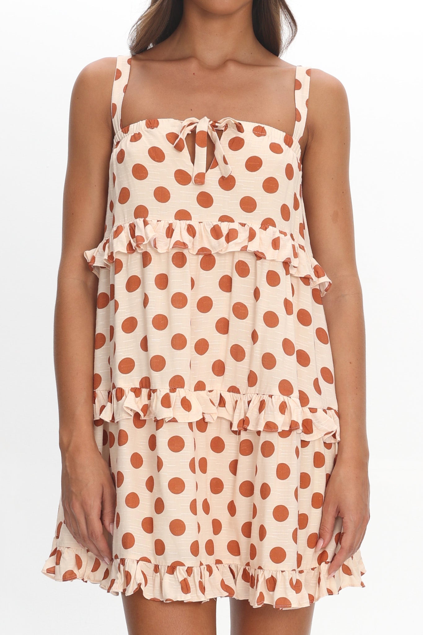 Lyndara Frill Trim Mini Dress Polka Dot Cream