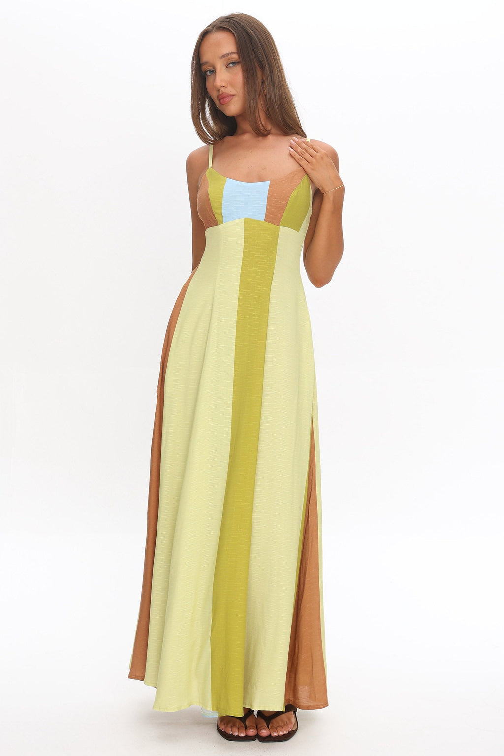 Nolan Princess Seam Maxi Dress Stripe Green