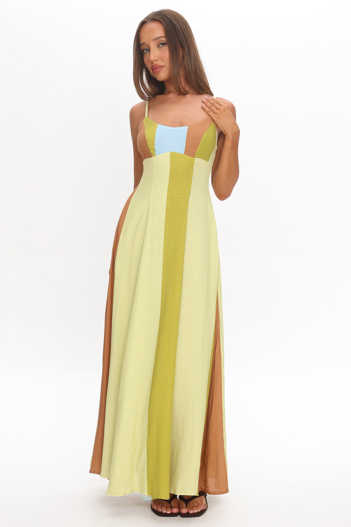 Nolan Princess Seam Maxi Dress Stripe Green