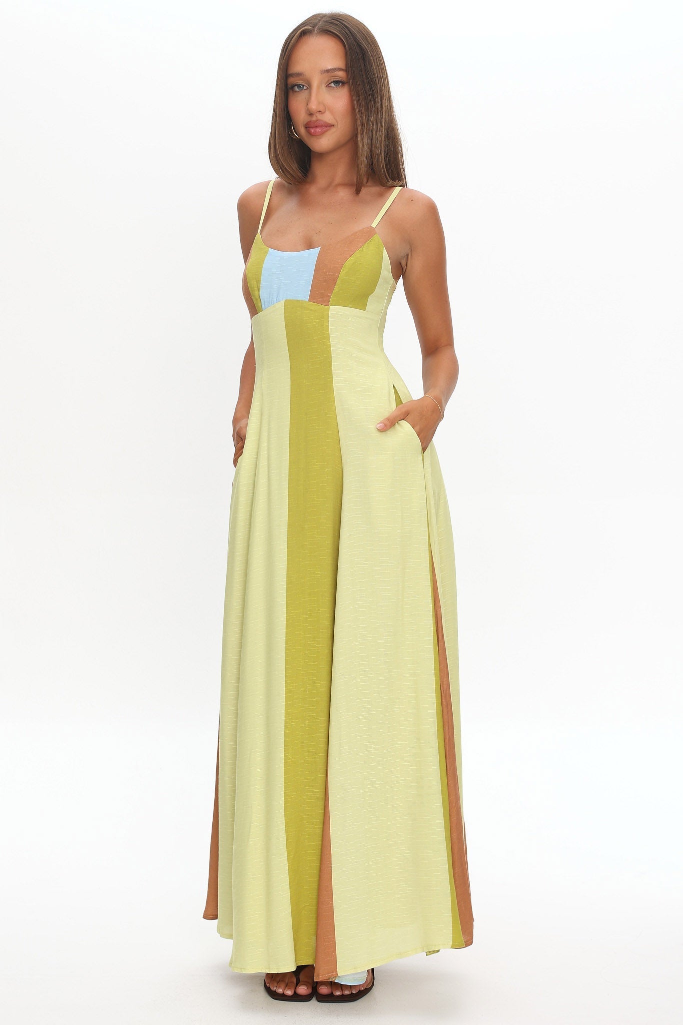 Nolan Princess Seam Maxi Dress Stripe Green